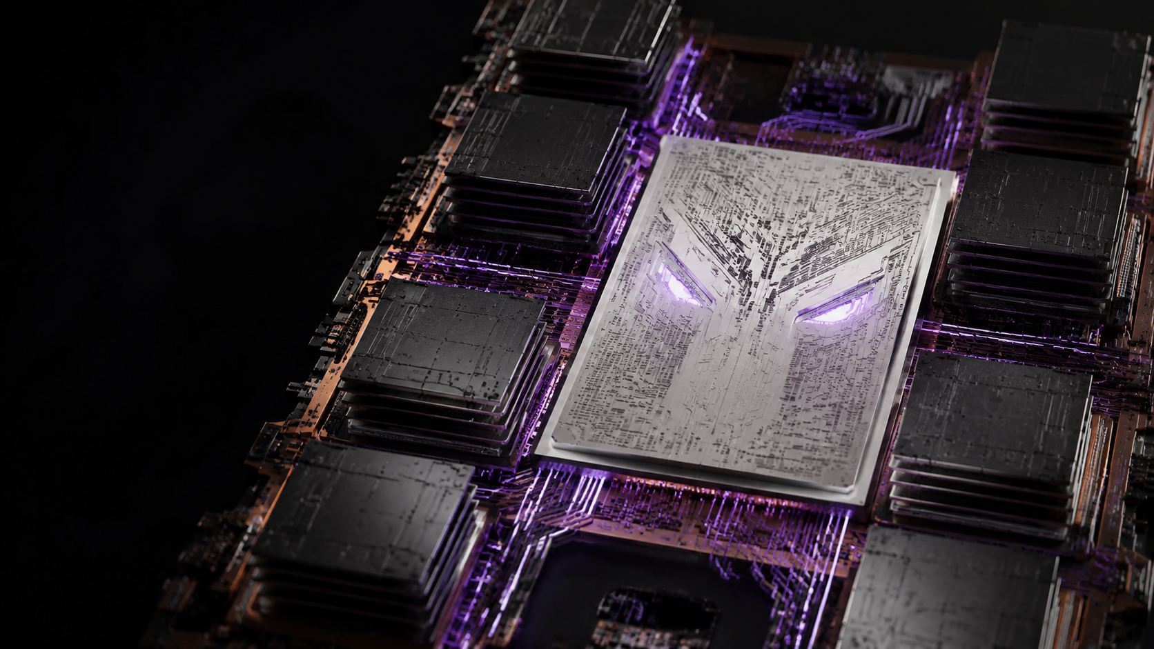 Sculptural silicon processor with stacked memory and mint-green signal paths